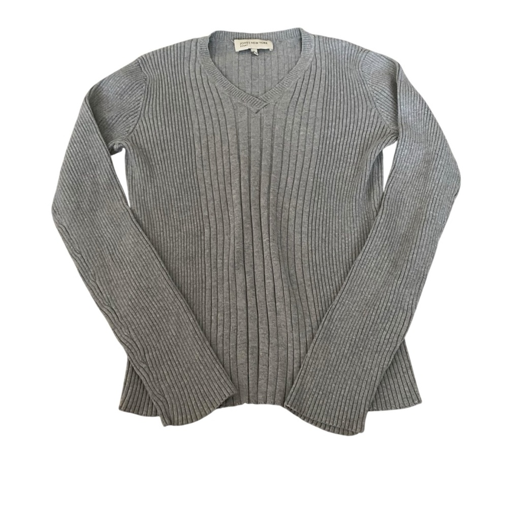 Jones New York‎ Sport Women's Gray Ribbed Sweater V-Neck Top Size L
